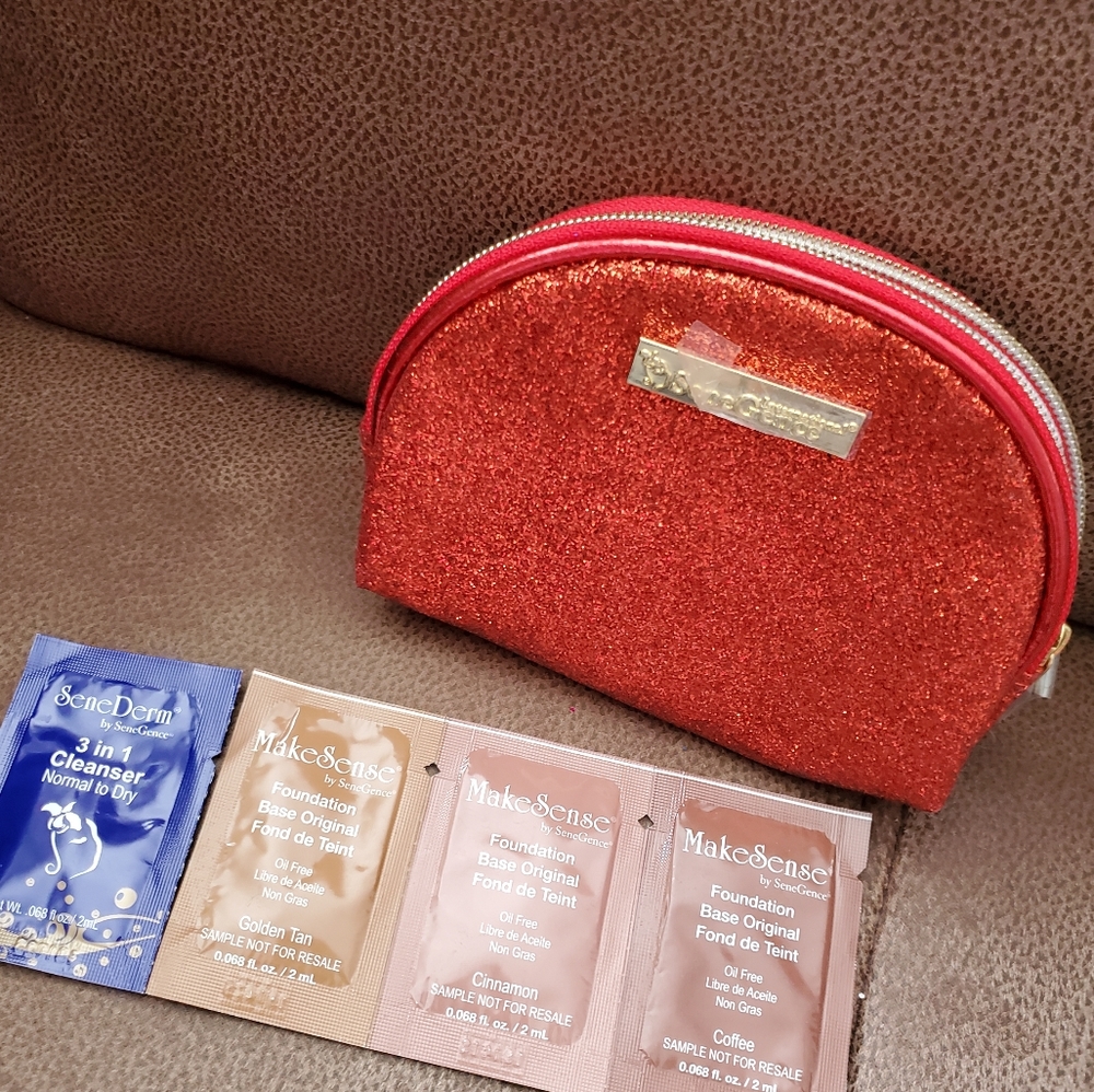SeneGence red glitter makeup bag with foundation samples